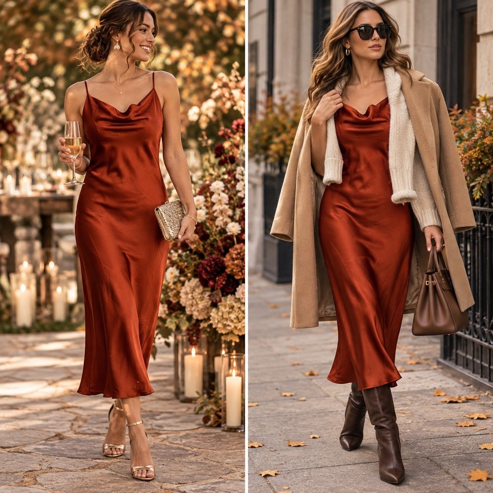Beginning Boutique Schiffer Slip Midi Dress Women 8 Rust Satin City Girl Wedding